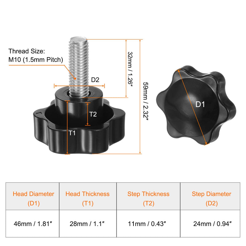 [Australia - AusPower] - HARFINGTON 2pcs Star Knobs M10 x 32mm 304 Stainless Steel Threaded Stud 46mm Plastic 6-Star Head Hand Tightening Thumb Screw Clamping Jig Knob Handle, Black M10 x 32mm x 46mm 