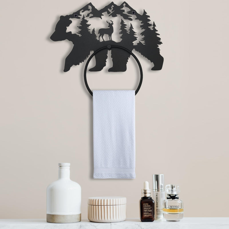 Black Bear Bathroom Decor Towel Holder for Bathroom Wall, Matte Black Log Cabin Towel Hook Rustic Bathroom Towel Rack Wall Mount, Round Towel Ring for Woodland Bathroom