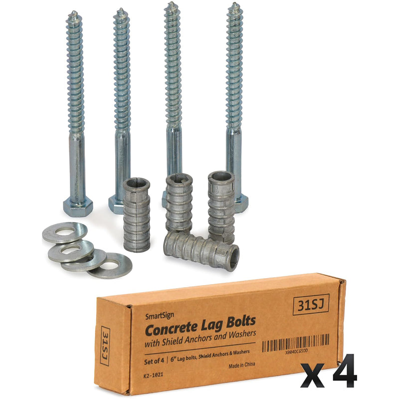[Australia - AusPower] - SmartSign Concrete Anchors Hardware Installation Kit for Parking Curb, Wheel Stop, Speed Bump - 1 Set (4 Bolts/Set) - 6" Lag Bolts Screws, Lag Shield Anchors and Washers per Set 