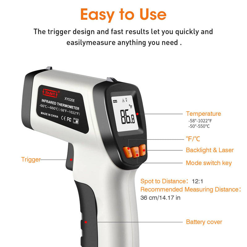 [Australia - AusPower] - Infrared Thermometer (-50°C to 550°C), XinJiaYi Laser Temperature Gun for Pizza Oven, Non-Contact Laser Thermometer Gun for Cooking/BBQ/Grill/HVAC, Surface Thermometer, Grey 