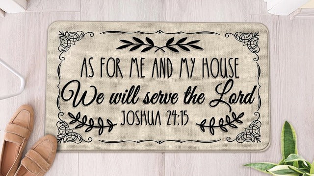 Christian Welcome Front Door Mat, As for Me and My House We Will White 17x29 Inches