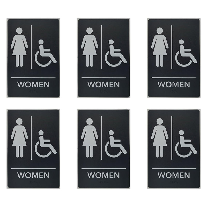 ADA Compliant, Women's Handicap Bathroom Sign, Raised Icons, & Grade 2 Braille - Includes Adhesive Strips for Easy Installation - 6" W x 9" H Made in the U.S.A. (Black, 6-Pack) Black