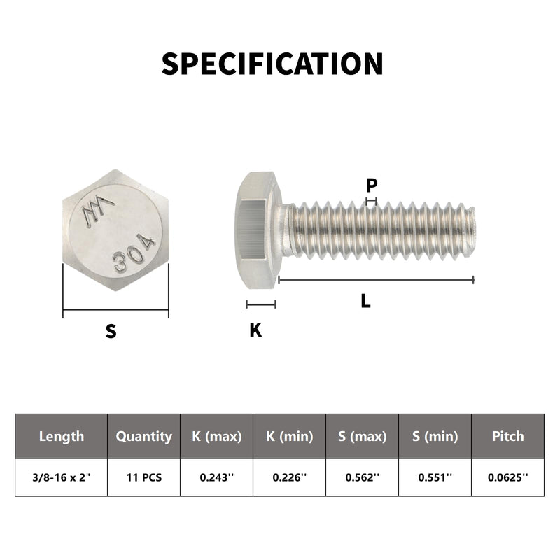 [Australia - AusPower] - 11Pcs 3/8-16 x 2" Hex Head Screws Bolts,304 Stainless Steel 18-8,Fully Threaded,External Hex Drive,Mounting Chair,Rail,Pump,Wheels,Handles,Antenna Parts,Boat and Plastic Bumpers(VG10506) 2" 3/8-16" 