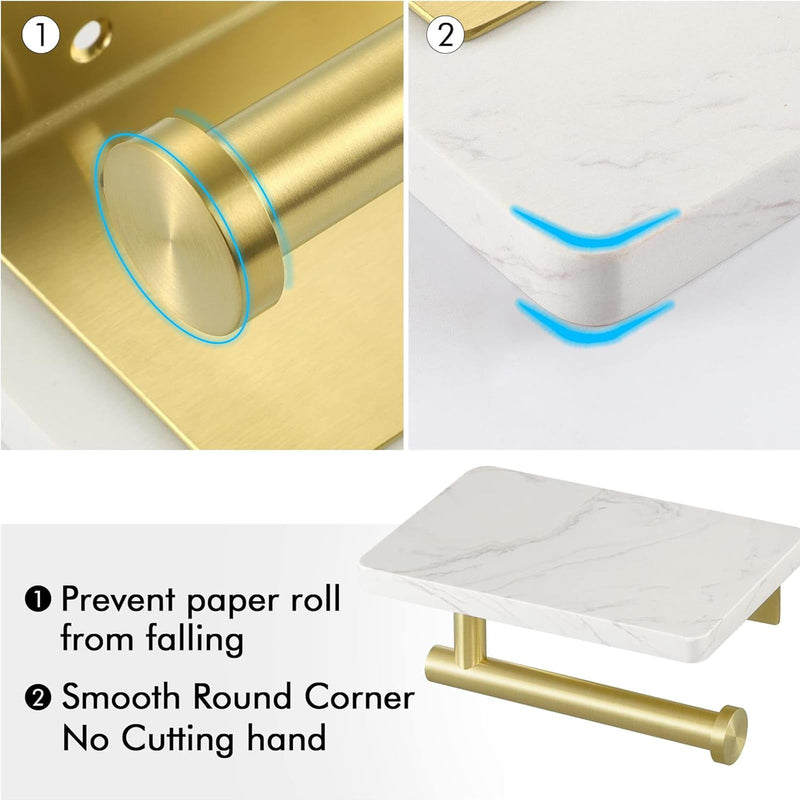 Brushed Gold Toilet Paper Holder with Marble Shelf, DAYELIVE 304 Stainless Steel Wall Mounted Toilet Paper Holder, Tissue Holder Toilet Paper Roll Holder for Bathroom Washroom