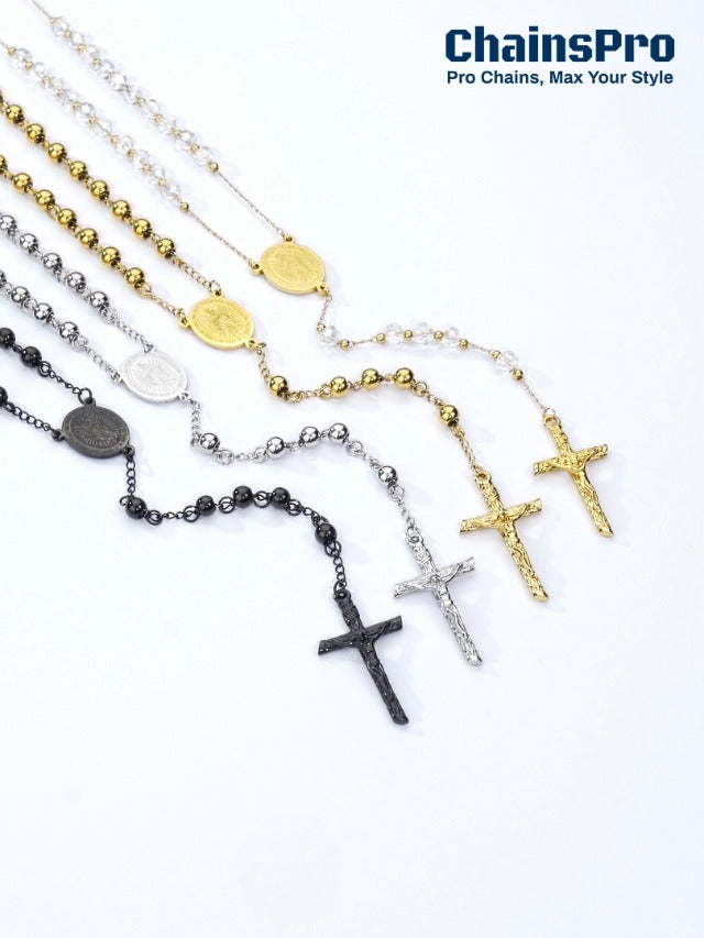ChainsPro Cross Necklace with Rosary Beads, Crucifix Catholic Necklaces for Men Women, Stainless Steel Chain Prayer Jesus Gift Christian Jewellery 04. St Michael Gold