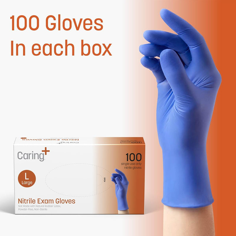 [Australia - AusPower] - Caring Nitrile Exam Gloves, Blue, Powder-Free, Disposable Gloves for Medical Care, First Aid, Cleaning, Food Prep Large (Pack of 100) 