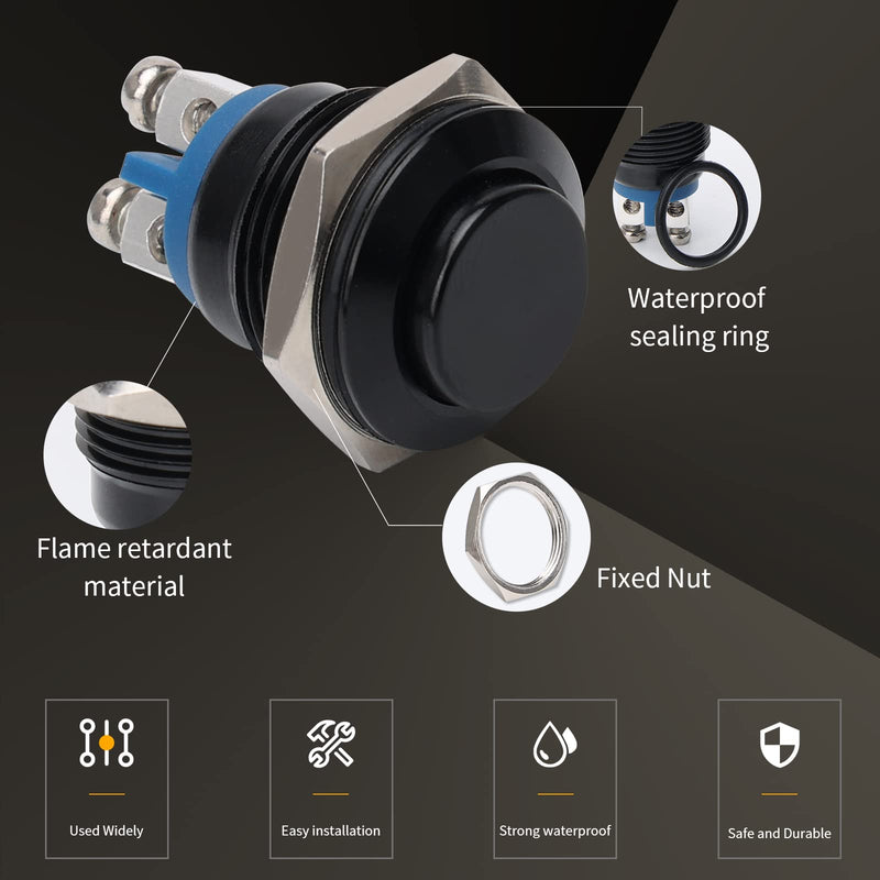 [Australia - AusPower] - STARELO 16MM 5/8" Momentary Push Button Switch High Round 250V AC 5A 12V 36V DC 2A 1NO SPST Waterproof Aluminum Shell(Black). Black 