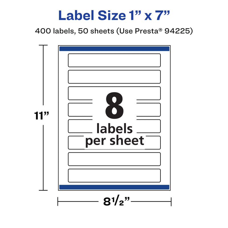 Avery Matte White Rectangle Labels, Sure Feed Technology, 1" x 7", 400 Matte White Printable Labels 400 Labels