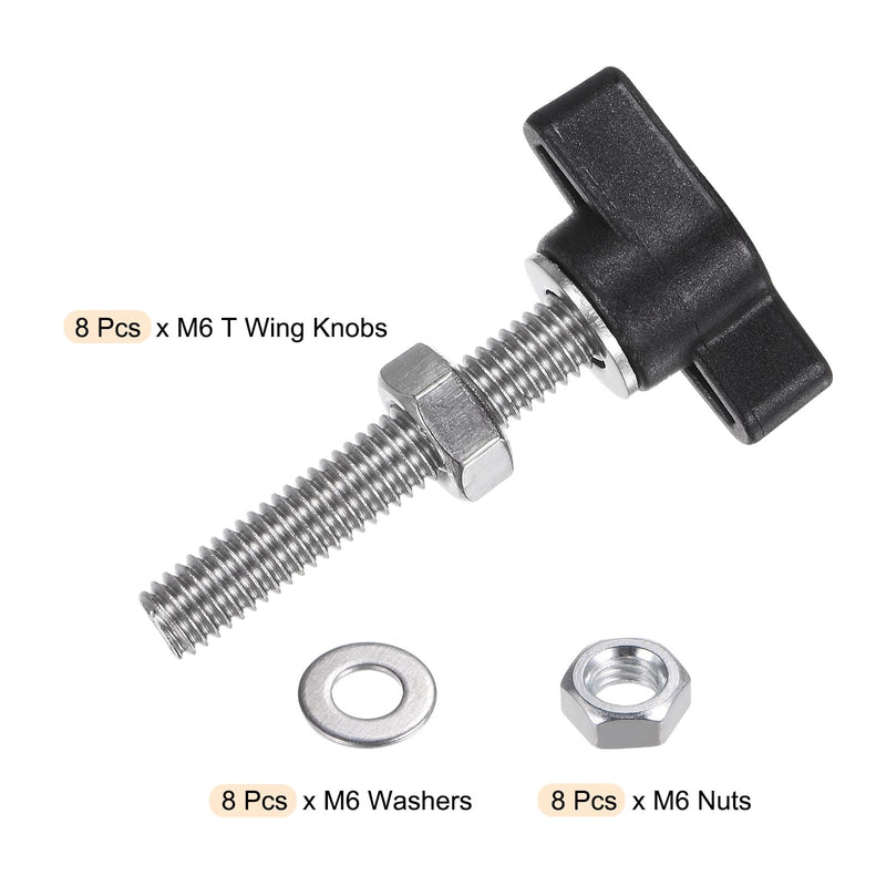 [Australia - AusPower] - HARFINGTON 8pcs Tee Wing Knobs M6 x 35mm Metric 304 Stainless Steel Threaded Stud 27mm Z/T Head Plastic Handles Thumb Screws Hand Clamping Knob Grip Thumbscrew with Nuts Washers, Black 