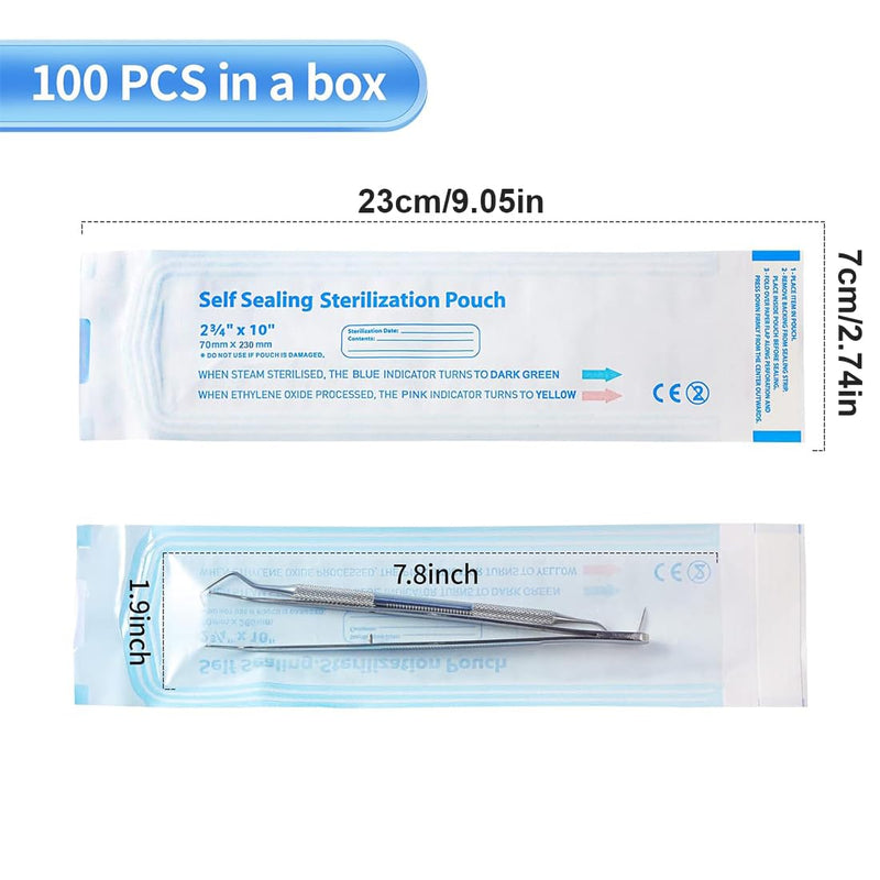 WUSJCOF 100 Sterile Bags for Autoclave, Self-Adhesive Bags for Disinfecting, Sterilisation Bags for Nail Salon, Used for Dental Instruments and Nail Care, 70 x 230 mm M 70x230mm