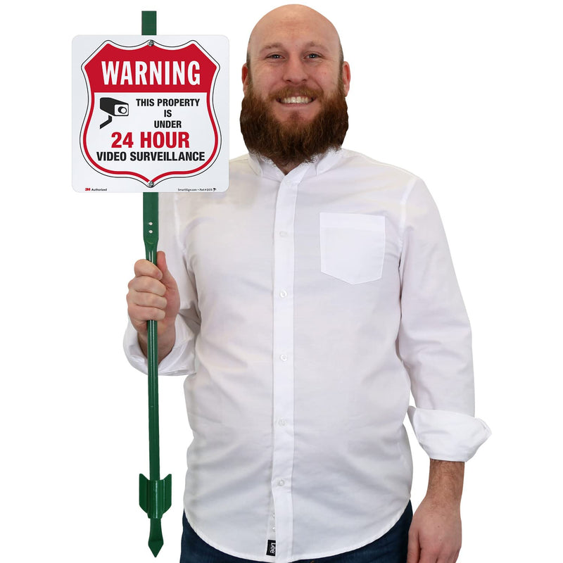 SmartSign 10" x 10" 'Warning - This Property Is Under 24 Hour Video Surveillance' Yard Sign with 3 ft Stake, 40 mil Aluminum 3M Laminated Engineer Grade Reflective, Red/Black/White 10" x 10" Reflective Aluminum Sign with 3' Stake