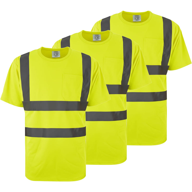 wefeyuv High Visibility Shirts for Men & Women, Short Sleeve Class 2 Safety T Shirts with Reflective Strips and Pocket, Durable & Breathable for Construction Work Use, Yellow, 2XL XX-Large Hi-vis Yellow