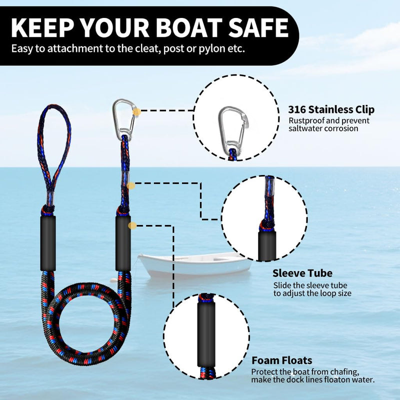 4-5.5ft, Bungee Dock Line with Stainless Steel Clip Safe Boat Rope Mooring String with Foam Float for Pontoon, Boat Accessories, Sea Doo,2 Pack (Red&Black&Blue) Red&Black&Blue 4FT-1Hook