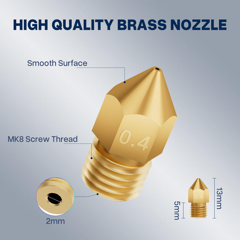 ELEGOO 26pcs MK8 Nozzles Multi Size, 3D Printer Brass Hotend Nozzles 0.2mm/0.3mm/0.4mm/0.5mm/0.6mm/0.8mm/1.0mm with DIY Tools Compatible with Neptune 3 Series and More Brass Multi Sizes