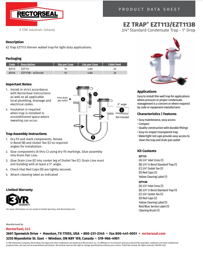 [Australia - AusPower] - RectorSeal EZ Trap 83114 Light Duty CRS Trap, Easy Installation, HVAC, 3/4" 3/4 inch 