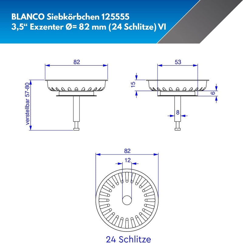 Blanco sieve basket with spigot for eccentric operation stainless steel, 8,2 cm | Diameter = 82 mm (24 slots) VI | Diameter 8.2 cm Single