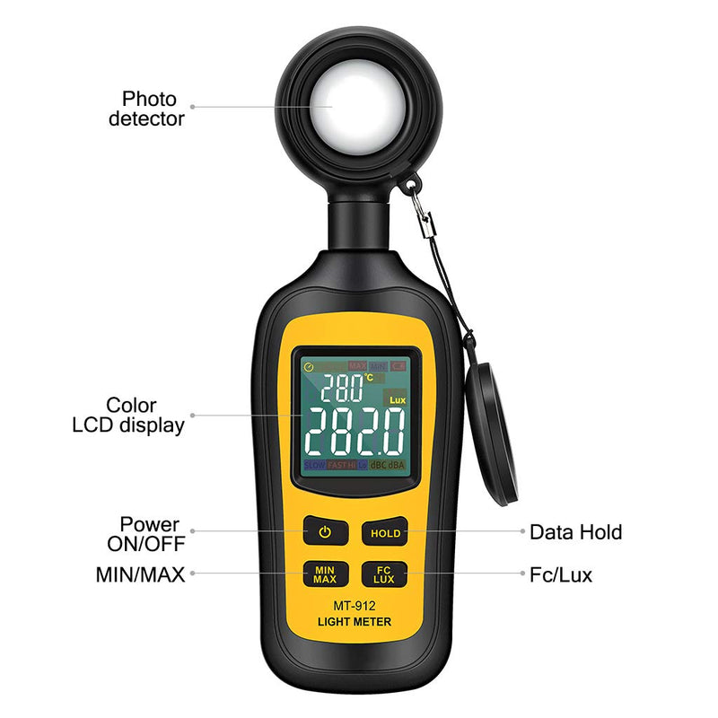 [Australia - AusPower] - Light Meter Digital Illuminance Meter Handheld Ambient Temperature Measurer, Range up to 200,000 Lux, Luxmeter with 4 Digit Color LCD Screen 
