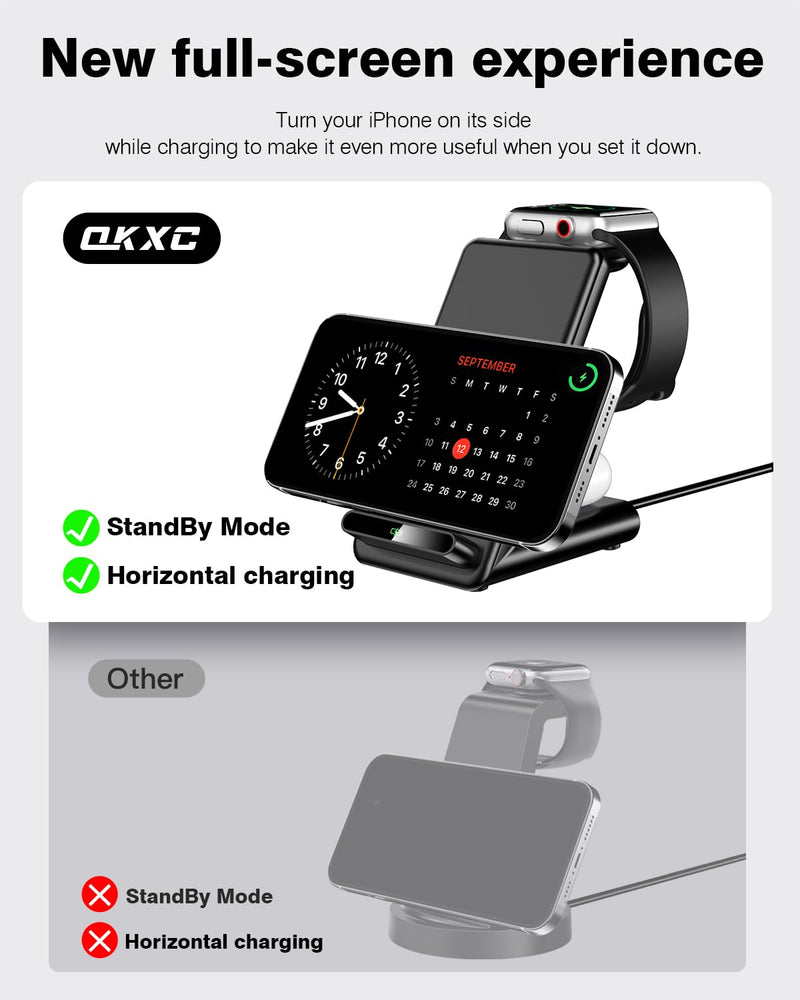 [Australia - AusPower] - Wireless Charging Station,3 in 1 Wireless Charging Stand Made for Apple Watch Ultra 9 8 7 6 SE 5 4 3,Fast Wireless Charger Made for iPhone 15/Plus/Pro Max/14/13/12/11/X,for AirPods Pro(with Adapter) Black 
