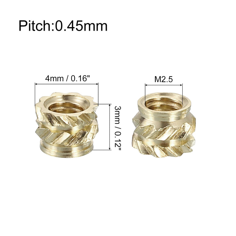 [Australia - AusPower] - uxcell Knurled Insert Nuts, 100pcs M2.5 x 3mm L x 4mm OD 3D Printing Brass Nuts Female Threaded Inserts Brass Heat Set Insert Embedment Nuts M2.5 x 3mm x 4mm 100 