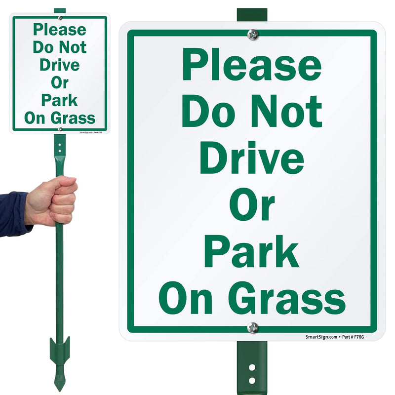 SmartSign 12 x 10 inch “Please Do Not Drive Or Park On Grass” LawnBoss Yard Sign with 3 foot Stake, 40 mil Laminated Rustproof Aluminum, Green and White, Set of 1 10" x 12" Aluminum Sign with 3 Ft Stake