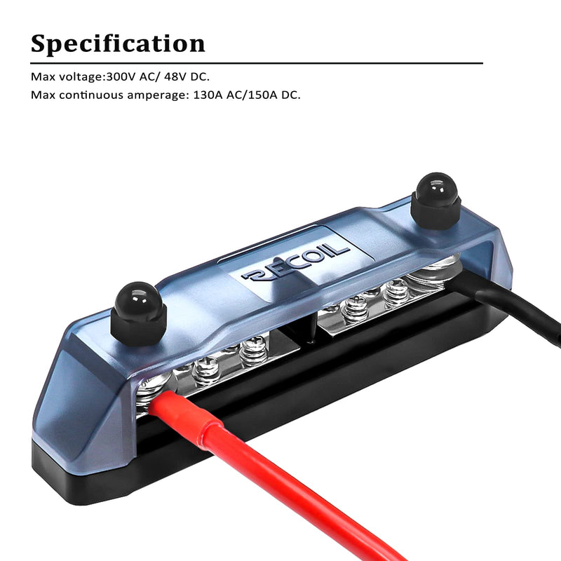 RECOIL BBPG5 Busbar Positive and Negative 2 x 5/16” Studs and 8 x #8 Screw Terminals Power Distribution Block with Ring Terminals Discrete Two Sets of 1x5/16" Studs & 4 Screws