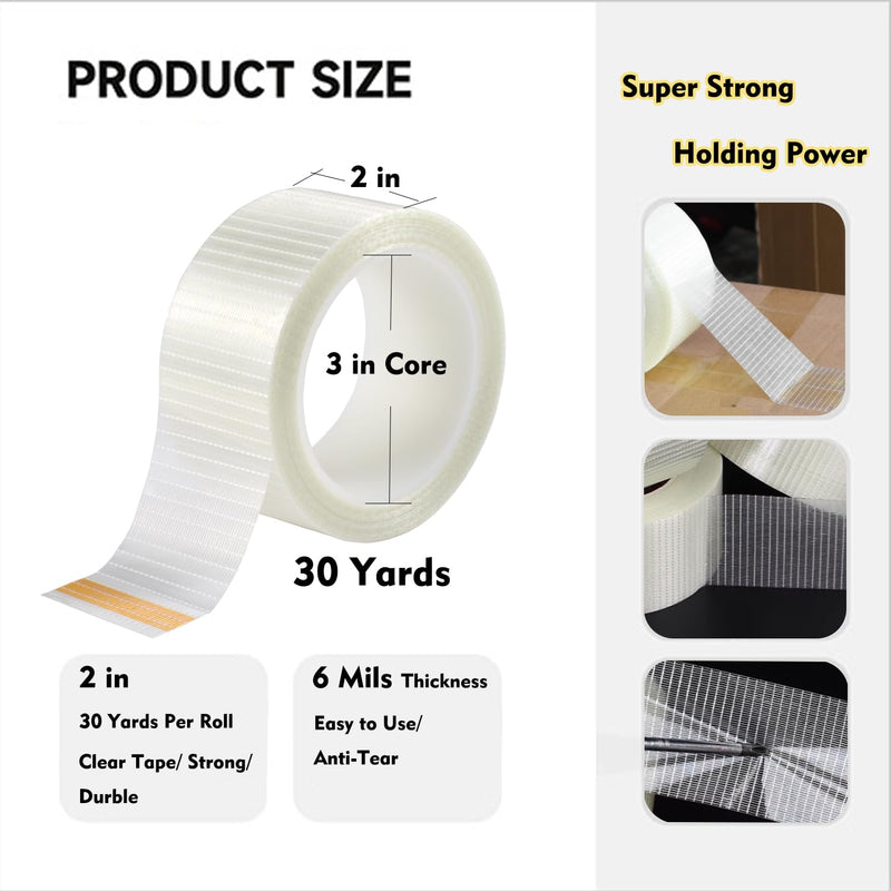 [Australia - AusPower] - Fiberglass Filament Strapping Tape Heavy Duty Transparent Reinforced Packing Tape 2 in 6 Mils 30 Yards Nylon Fiber Glass Tape 2In 6mils 30Y 