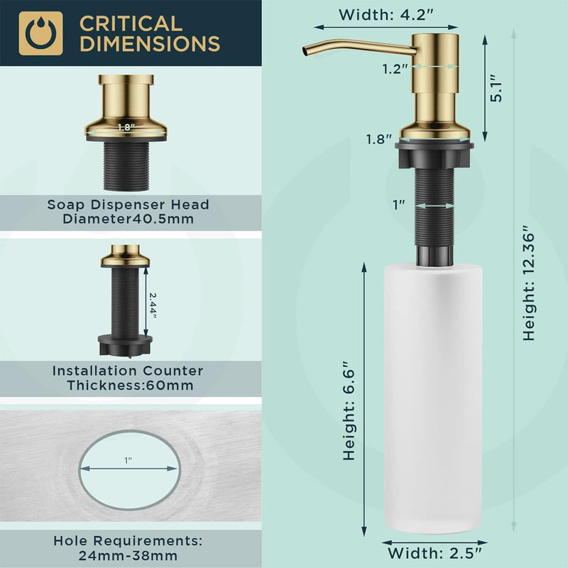 FORIOUS Brushed Gold Soap Dispenser for Kitchen Sink with 500ML/18OZ Bottle, Lotion Dispenser Built in Refill from The Top for Countertop Sink