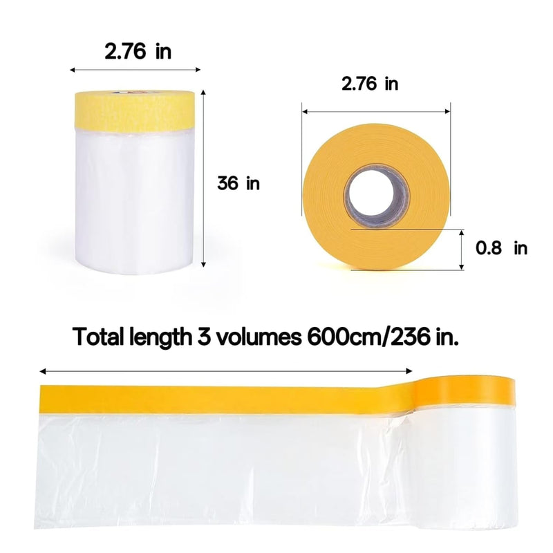 Pre-Glued Masking Film 22" x 65' (550mm x 20m), Plastic Covers for Painting, Taping, and Curtains, Plastic Sheets for Cars, Floors, Appliances, Windows, and Furniture, 3 Rolls