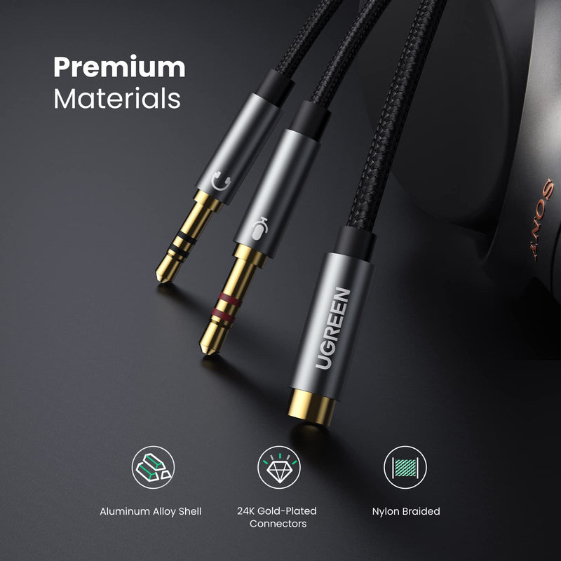 [Australia - AusPower] - UGREEN Headphone Splitter for Computer 3.5mm Female to 2 Dual 3.5mm Male Braided Audio Splitter Cable Microphone Stereo Jack Earphones Port Cord Gaming Headset to PC Laptop Adapter Black 