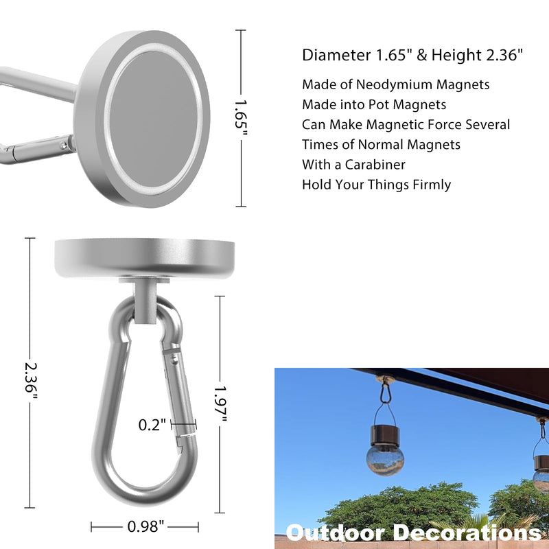 [Australia - AusPower] - Ant Mag Heavy Duty Neodymium Magnet Hooks with Swiveling Carabiner - 140LBS Pull Force, Indoor/Outdoor Hanging, Kitchen, Garage, Cruise Ship (2 Pack) Small Package 2PCS Silver 