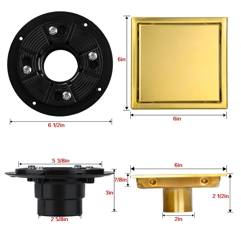 SaniteModar Shower Drain, 6 inch Shower Floor Square Drain with Flange, 2 in 1 Panel SUS 304 Stainless Steel Square Shower Drain, Brushed Gold…