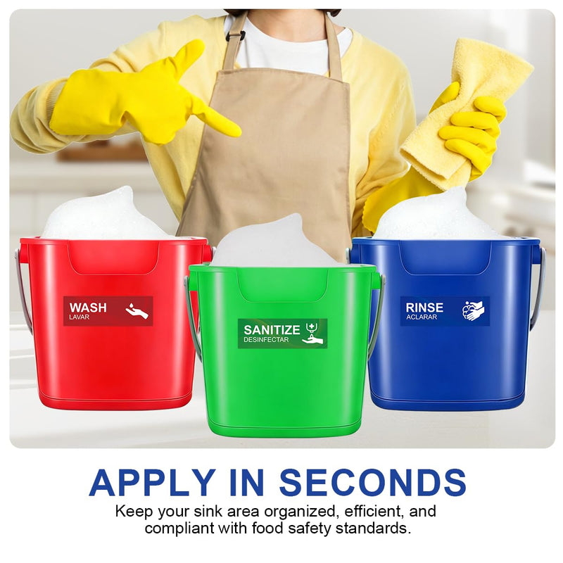 Magicfour Wash Rinse Sanitize Sink Labels, 6”x2” Small Size, 5 Pack 3 Compartment Sink Signs, Waterproof Sticker for Wash Station, Commercial Kitchens, Restaurant, Food Trucks, Dishwashing 5Pcs Sink Labels 6”x2“