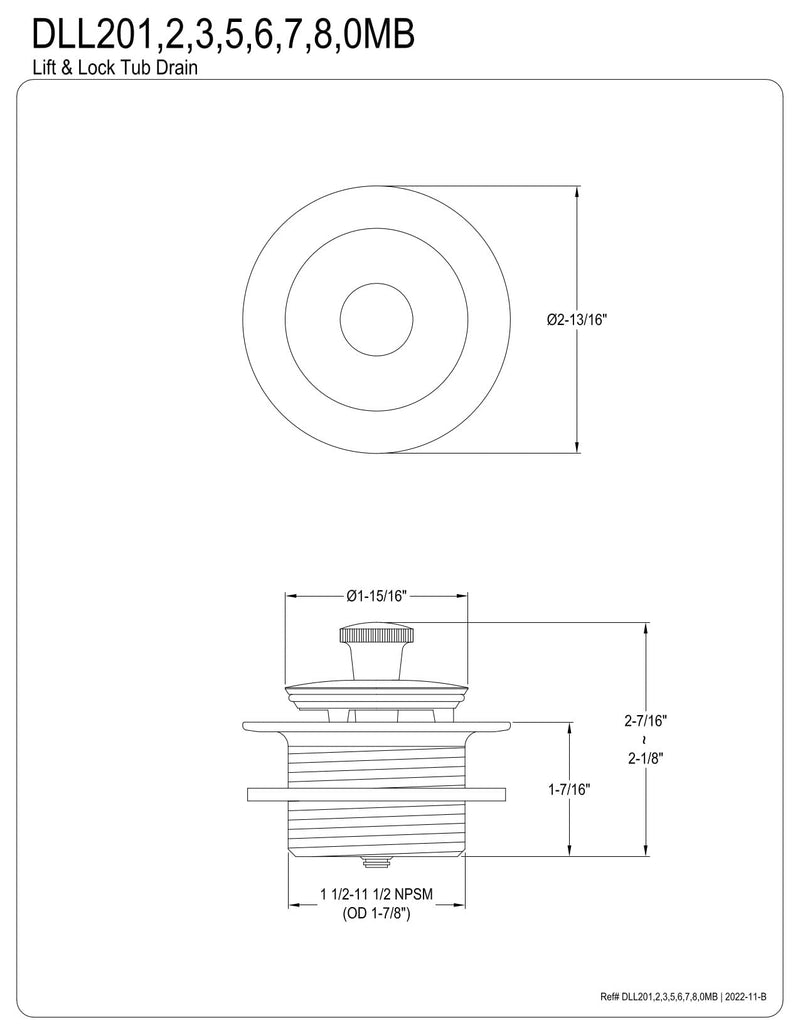 Kingston Brass DLL208 Lift and Lock Bath Tub Drain, Brushed Nickel