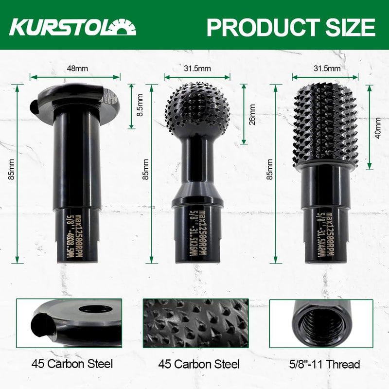 3 PCS Ball Gouge Angle Grinder Attachments - KURSTOL Sphere Rotary Burr with 5/8-11 Threads for 4 1/2 and 5 Inch Angle Grinder, Power Carving Tools for Wood Carving Grinding Hollowing Slotting 31.5 mm