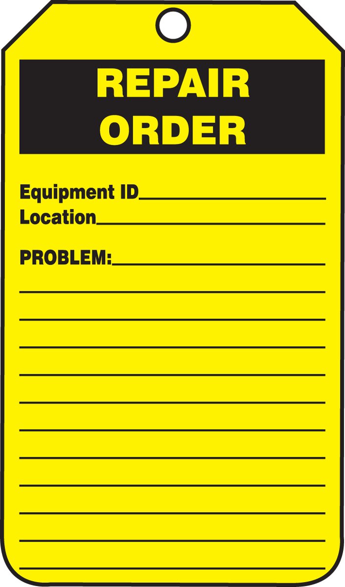 Accuform TRS332CTP PF-Cardstock Jumbo Tag, Legend "Repair Order Repairs Required", 8-1/2" Length x 3-7/8" Width x 0.010" Thickness, Black on Yellow (Pack of 25)