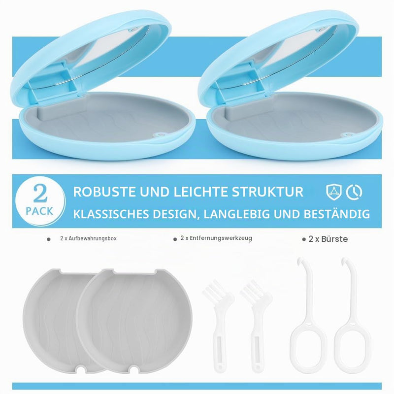 Pack of 2 Braces Boxes with Mirror, Slim Aligner Cases, Magnetic Closure for Orthodontic Storage Boxes, Dental Splints Box with Holder Remover and Brushes. (Blue/Blue) Blue 2 Piece