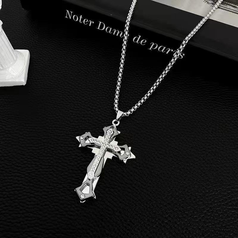 Elegant Silver Plated Crystal Cross Necklace Pendant Stainless Steel Chain Gothic Faith Jewelry for Women Religious Gifts