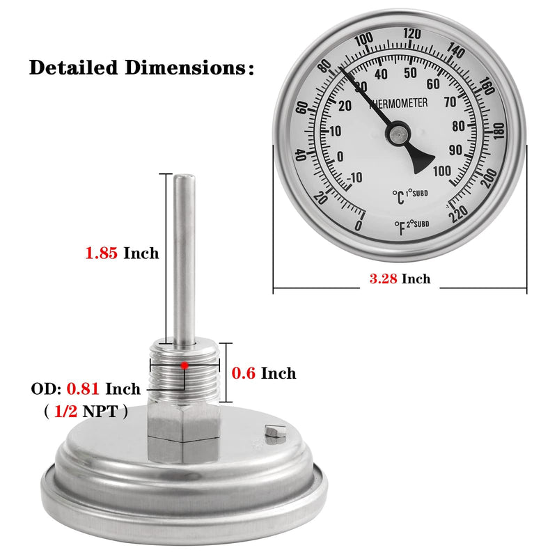 [Australia - AusPower] - Ferroday Stainless Steel Thermometer Dial Thermometer 1/2 NPT Homebrew Kettle Thermometer With Lock Nut & O-ring ( 0-220ºF, -10-100ºC) 