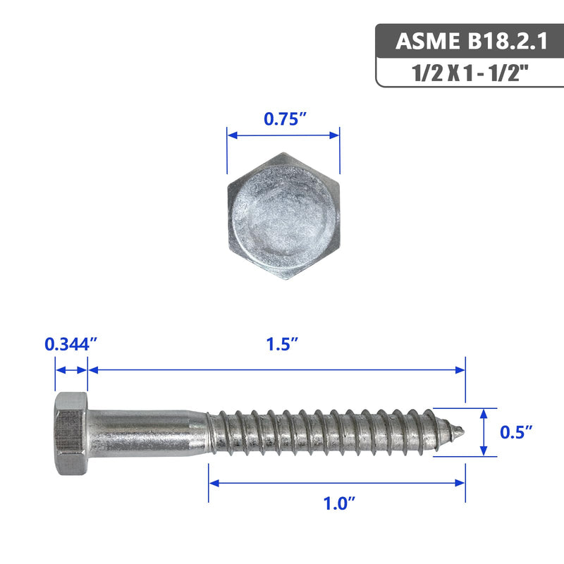 [Australia - AusPower] - 1/2 X 1-1/2" Hex Head Lag Screws Bolts, 304 Stainless Steel 18-8, Hexagon Head Wood Screws Hex Lag Screws, Pack of 5 1/2 X 1-1/2" 