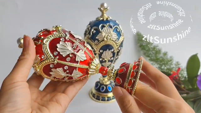 Enamel Big Pearl Easter Egg Figurine Jewelry Box Faberge Egg Hand Painted Trinket Container Ornamental For Home & Office Decor Red