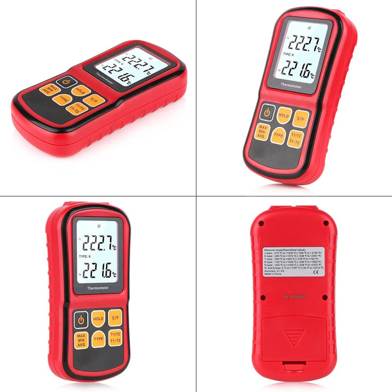 [Australia - AusPower] - Digital Thermometer Pyrometer -400°F ~ 3200°F (-250°C ~ 1700°C), Professional Thermocouple Lab Thermometer with Dual Channel Thermometer Probe, K-Type Handheld High Temperature Thermometer Red 