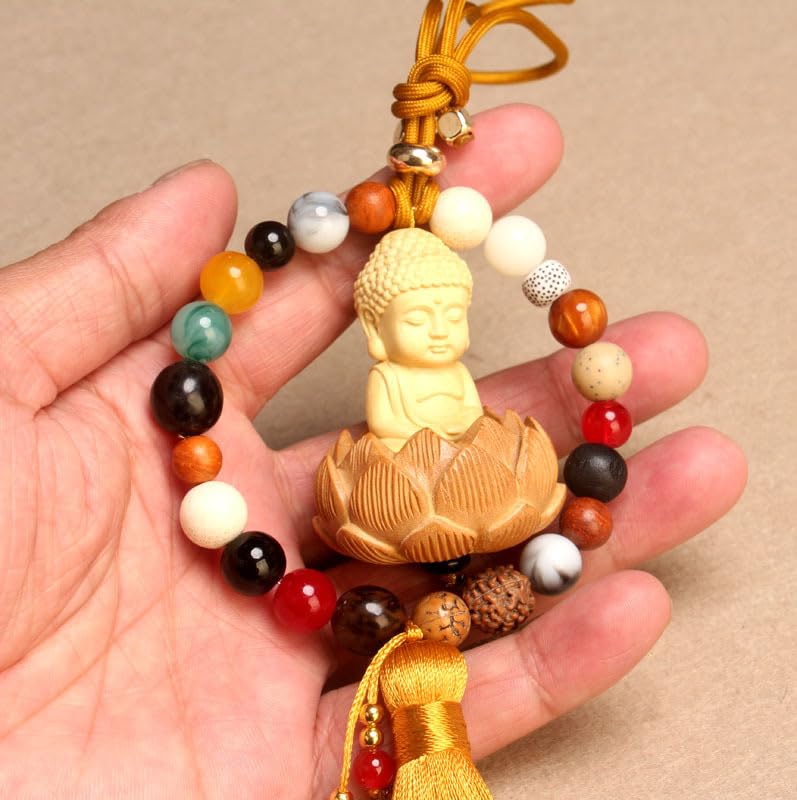 Traditional Chinese Fengshui Boxwood Buddha with Lotus Statue, Car Rearview Mirror Pendant, Lucky Protection Amulet, Home Hanging Ornament Decor (Yellow) Yellow
