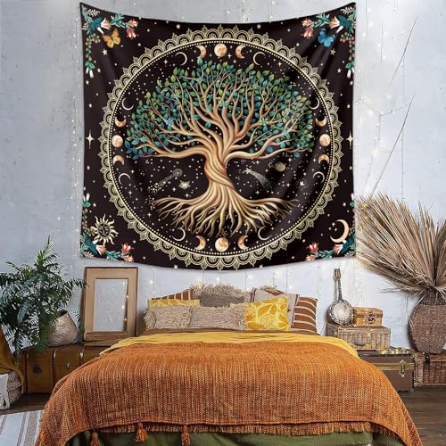 Moon Phase Tree of Life Tapestry Nature Flower Plant Butterfly Tapestries Boho Mandala Spiritual Tapestry Aesthetic Wall Hanging for Home Decor Bedroom Living Room Dorm Decor (35.44" x 47.25", Blue) 47.3"L x 35.4"W