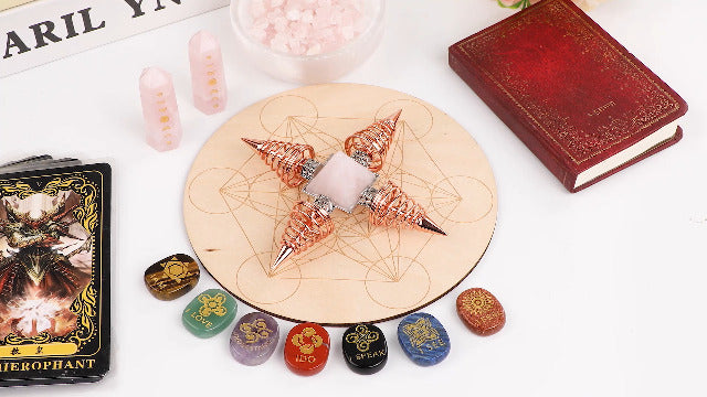 mookaitedecor Natural Stone Quartz Copper Pyramid Ornament for Home Pink/Gold