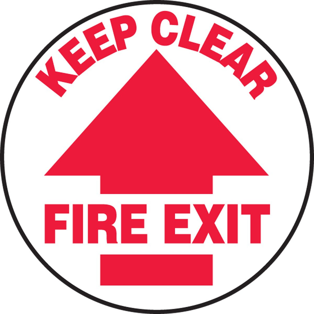 Accuform Signs MFS813 Slip-Gard Adhesive Vinyl Round Floor Sign, Legend"FIRE EXIT Keep Clear (Arrow)", 8" Diameter, Red on White