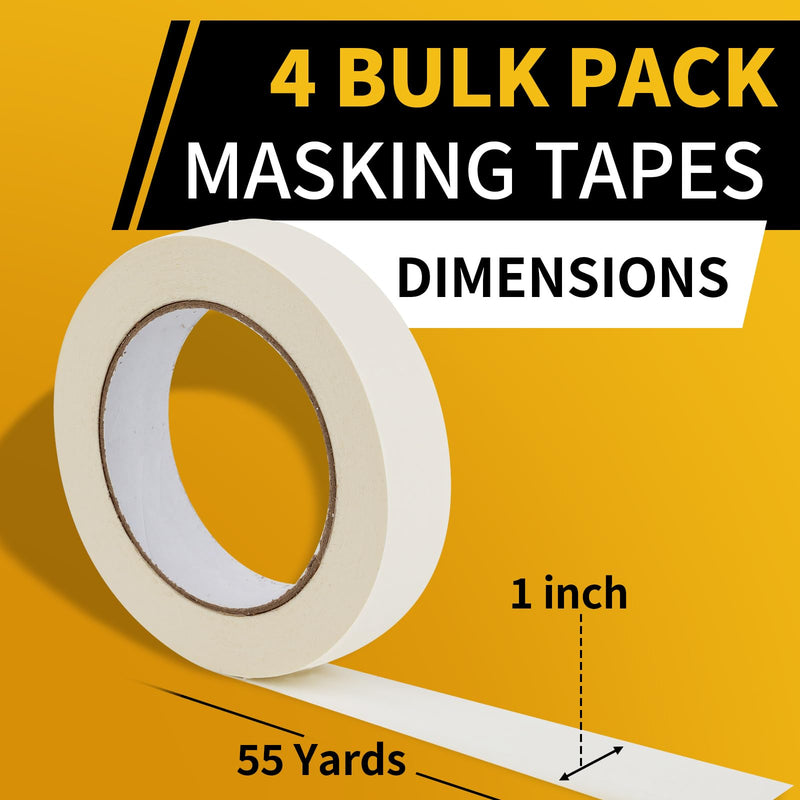 NIUBIER Masking Tape 1 Inch Wide, 4 Pack Painters Tape, Strong Adhesive Labeling Tape, Beige White, 55 Yards per Roll (220 Total Yards) for Home, Office, Labeling, School, DIY, and Crafts 1 Inch x 55 Yards x 4 Rolls