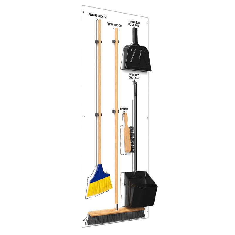 Clean & Sweep 5S Shadow Board/Wall Mount Broom Holder, 68" x 30" Board, 5S Cleaning Station - with Broom and Dustpan Set Included, Made in The USA by AccuformNMC, White/White, PSB716WTWT