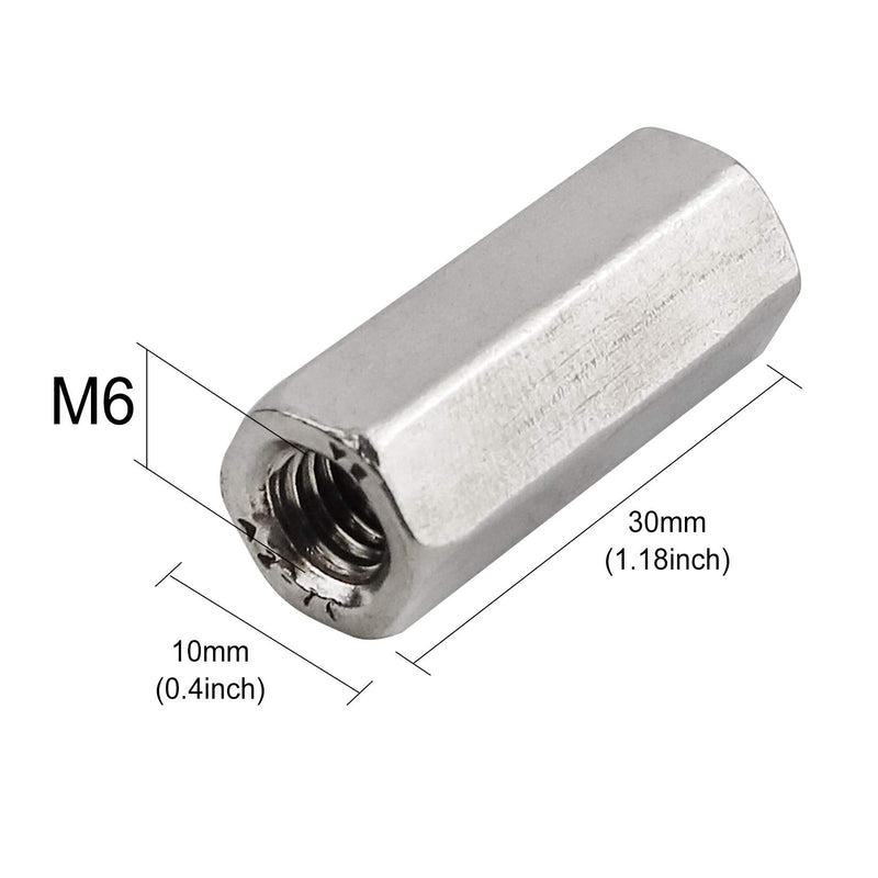 [Australia - AusPower] - Pack of 8 M6 X 1.0-Pitch 30mm Length Hex Width 10mm Metric Hex Coupling Nut 304 Stainless Steel Rod Coupling Nuts 