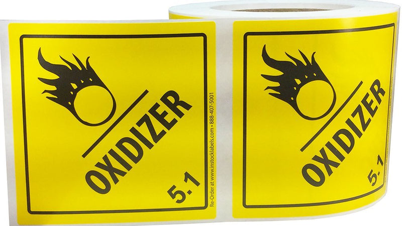 Hazard Class 5 D.O.T. Oxidizer Labels, 4 x 4 Inch Square Yellow and Black Hazmat Stickers, 500 Total Adhesive Labels on a Roll for Shipping and Compliance – Made in the USA
