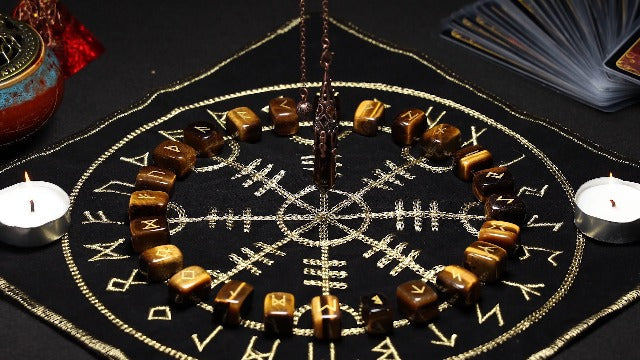 mookaitedecor Rune Stones & 6 Facted Crystal Pendulum with Mat #1-yellow